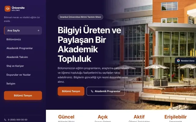 Üniversite Birimi için Sol Menü Lacivert Turuncu – Üniversite Birimi Web Sitesi ana sayfa görünümü