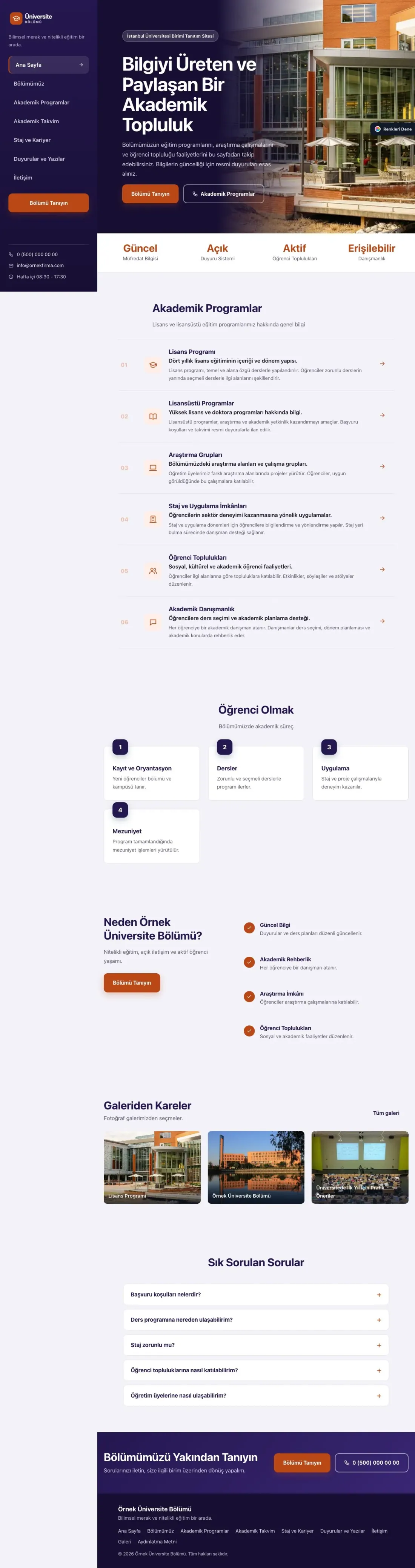 Üniversite Birimi için Sol Menü Lacivert Turuncu – Üniversite Birimi Web Sitesi ana sayfa görünümü