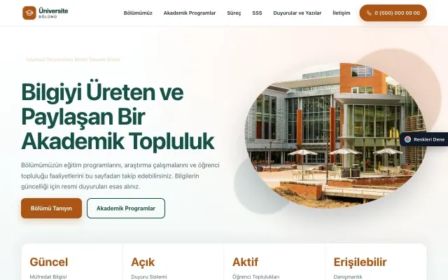 Üniversite Birimi için Tek Sayfa Petrol Turuncu – Üniversite Birimi Web Sitesi ana sayfa görünümü