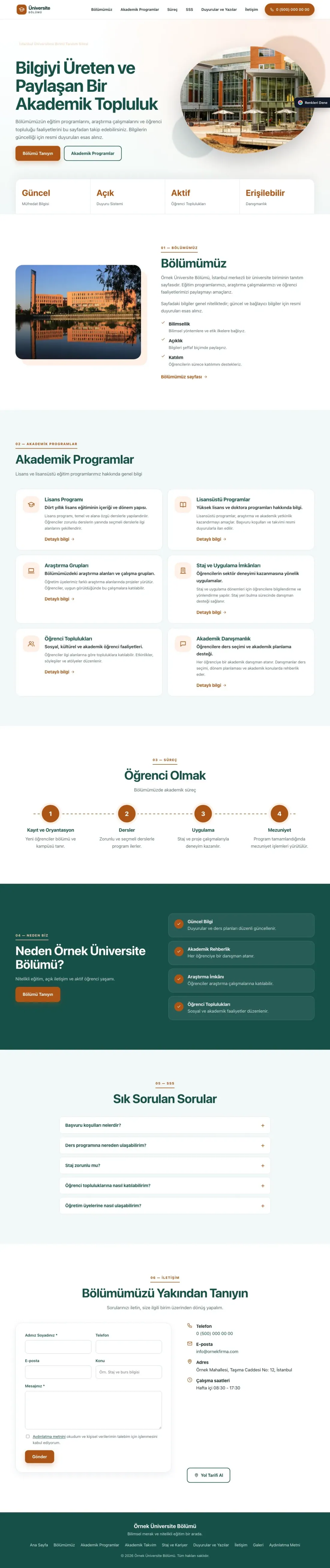 Üniversite Birimi için Tek Sayfa Petrol Turuncu – Üniversite Birimi Web Sitesi ana sayfa görünümü