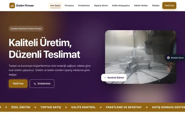 Üretici Firma için Hareketli Mor Turuncu – Üretici Firma Web Sitesi ana sayfa görünümü