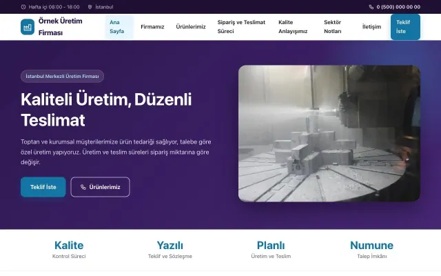 Üretici Firma için Klasik Mor Mavi – Üretici Firma Web Sitesi ana sayfa görünümü