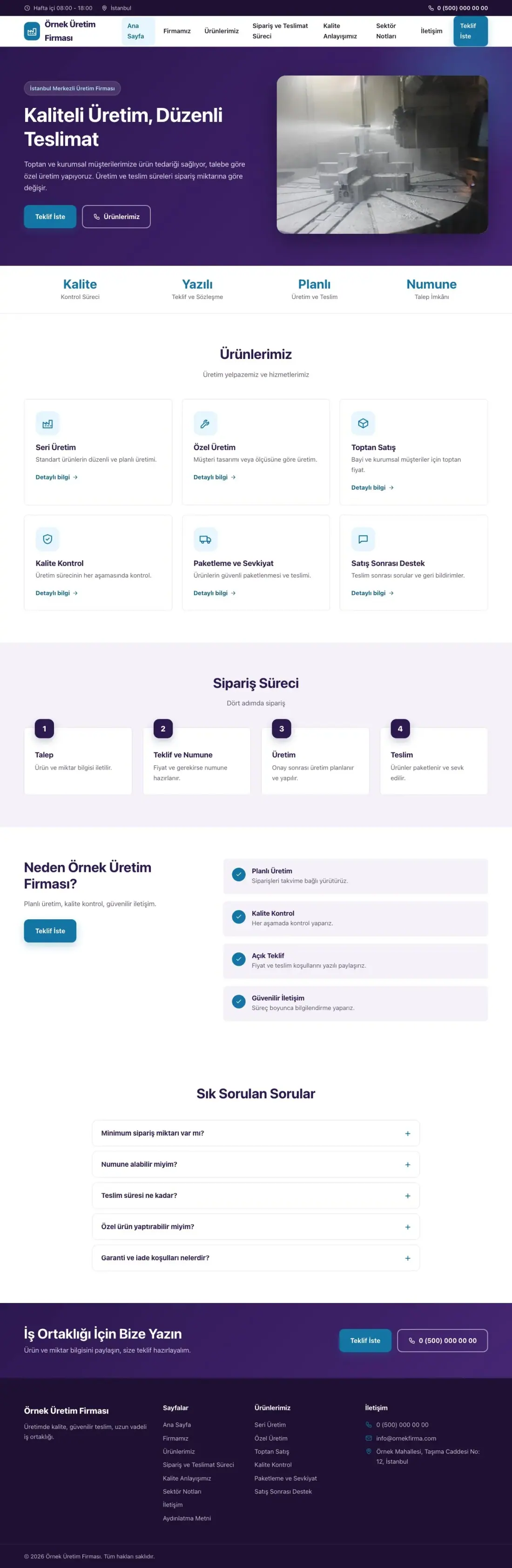 Üretici Firma için Klasik Mor Mavi – Üretici Firma Web Sitesi ana sayfa görünümü