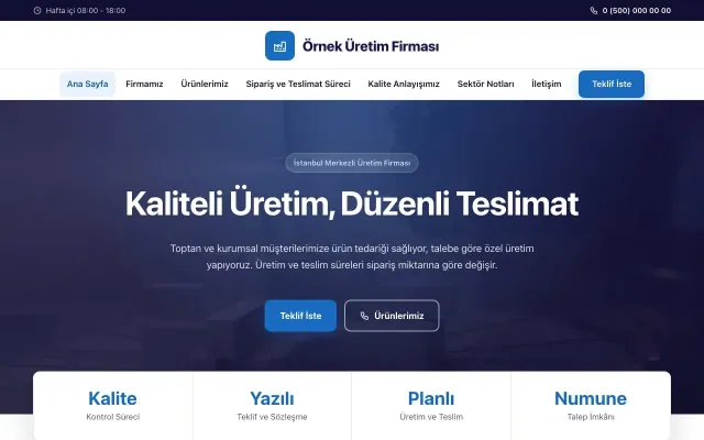 Üretici Firma için Merkez Lacivert Mavi – Üretici Firma Web Sitesi ana sayfa görünümü