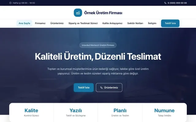 Üretici Firma için Merkez Lacivert Mavi II – Üretici Firma Web Sitesi ana sayfa görünümü
