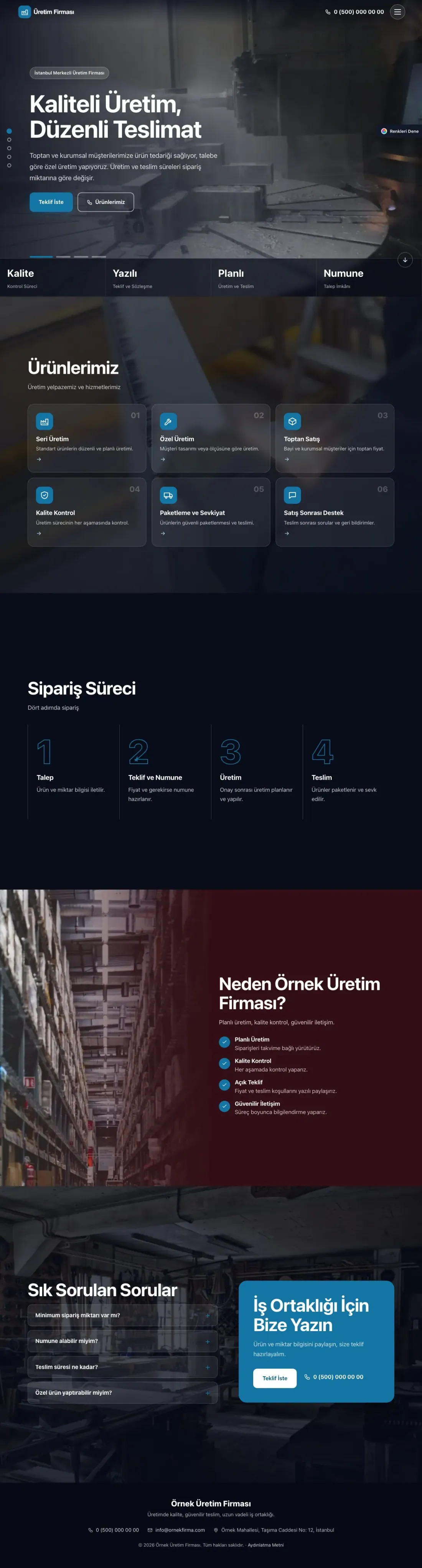 Üretici Firma için Tam Ekran Bordo Mavi – Üretici Firma Web Sitesi ana sayfa görünümü