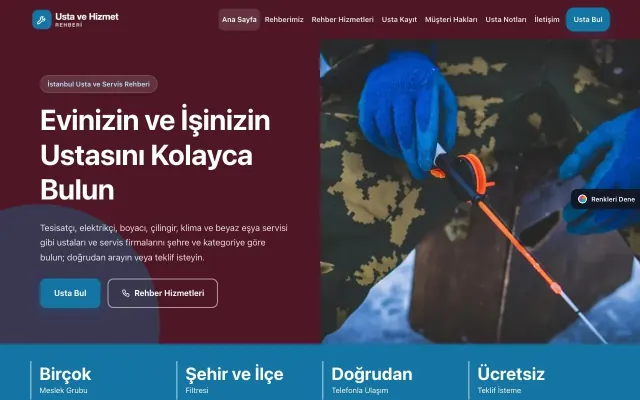 Usta ve Hizmet Rehberi için Blok Bordo Mavi – Usta ve Hizmet Rehberi Web Sitesi ana sayfa görünümü