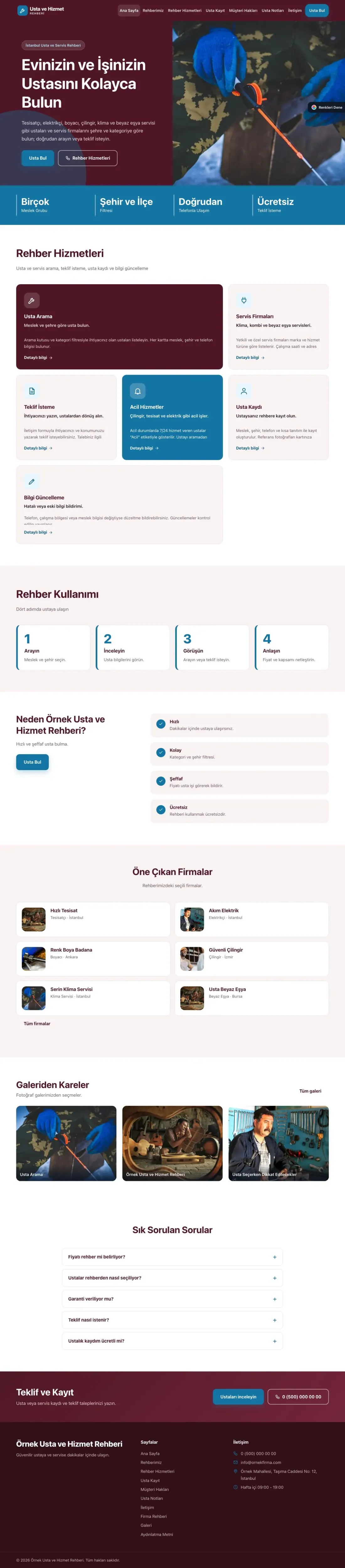 Usta ve Hizmet Rehberi için Blok Bordo Mavi – Usta ve Hizmet Rehberi Web Sitesi ana sayfa görünümü