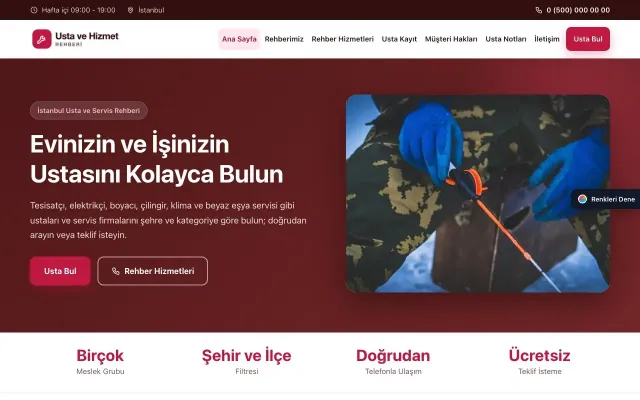 Usta ve Hizmet Rehberi için Klasik Bordo Kırmızı – Usta ve Hizmet Rehberi Web Sitesi ana sayfa görünümü