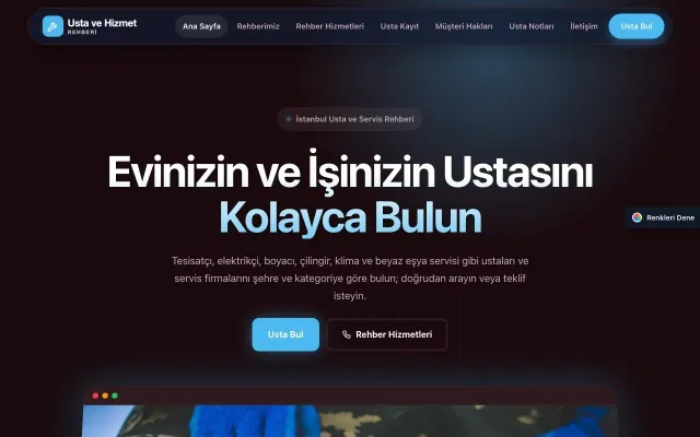 Usta ve Hizmet Rehberi için Koyu Modern Bordo Mavi – Usta ve Hizmet Rehberi Web Sitesi ana sayfa görünümü