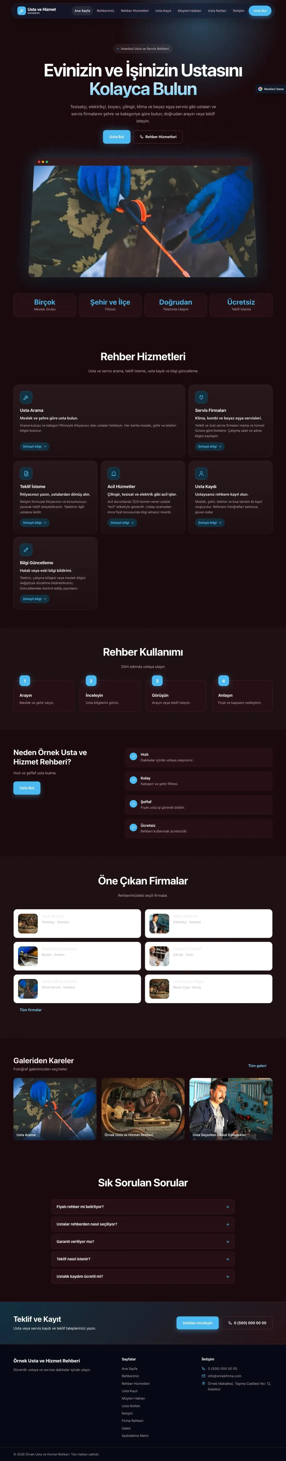 Usta ve Hizmet Rehberi için Koyu Modern Bordo Mavi – Usta ve Hizmet Rehberi Web Sitesi ana sayfa görünümü