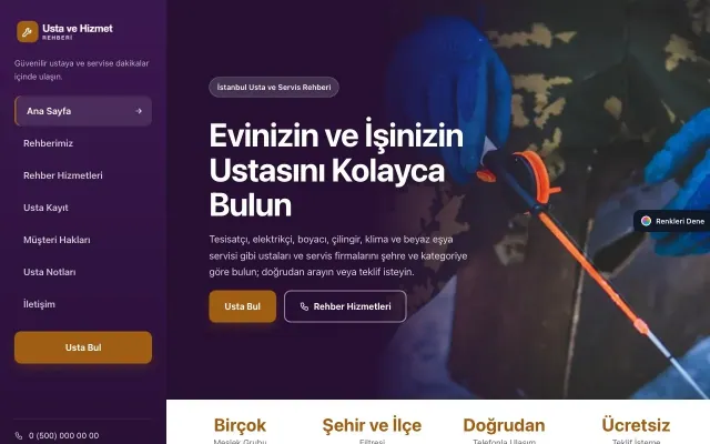 Usta ve Hizmet Rehberi için Sol Menü Mor Turuncu – Usta ve Hizmet Rehberi Web Sitesi ana sayfa görünümü