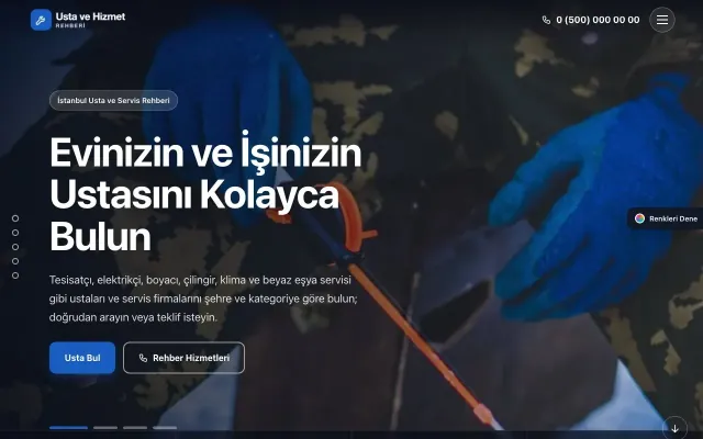 Usta ve Hizmet Rehberi için Tam Ekran Kahve Mavi – Usta ve Hizmet Rehberi Web Sitesi ana sayfa görünümü