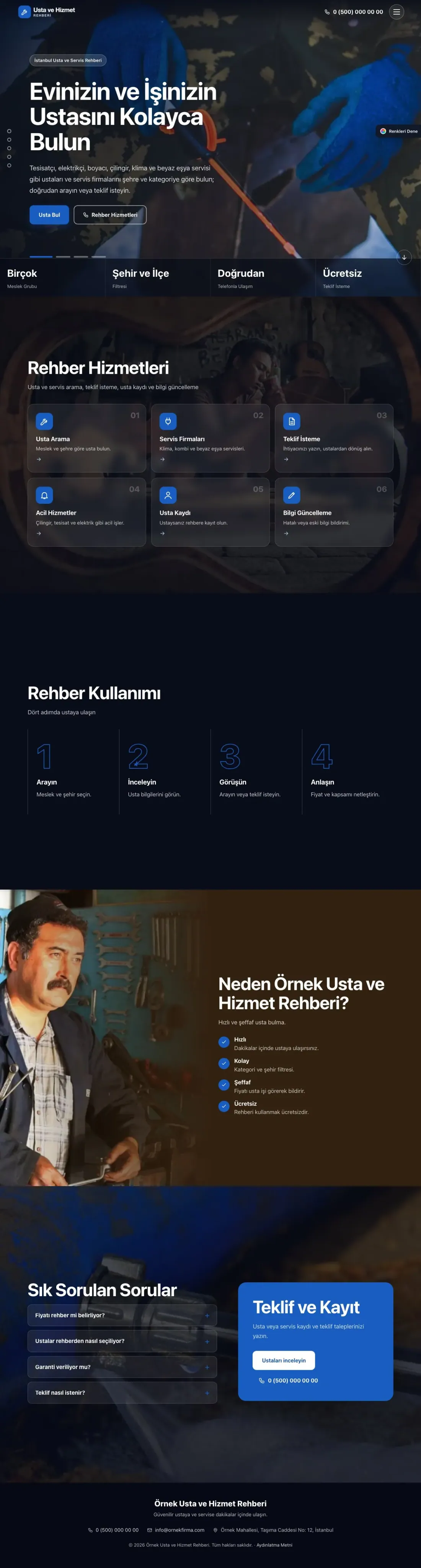 Usta ve Hizmet Rehberi için Tam Ekran Kahve Mavi – Usta ve Hizmet Rehberi Web Sitesi ana sayfa görünümü