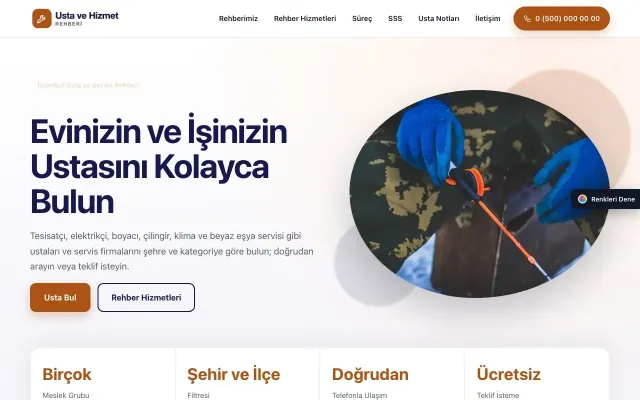 Usta ve Hizmet Rehberi için Tek Sayfa Lacivert Turuncu – Usta ve Hizmet Rehberi Web Sitesi ana sayfa görünümü
