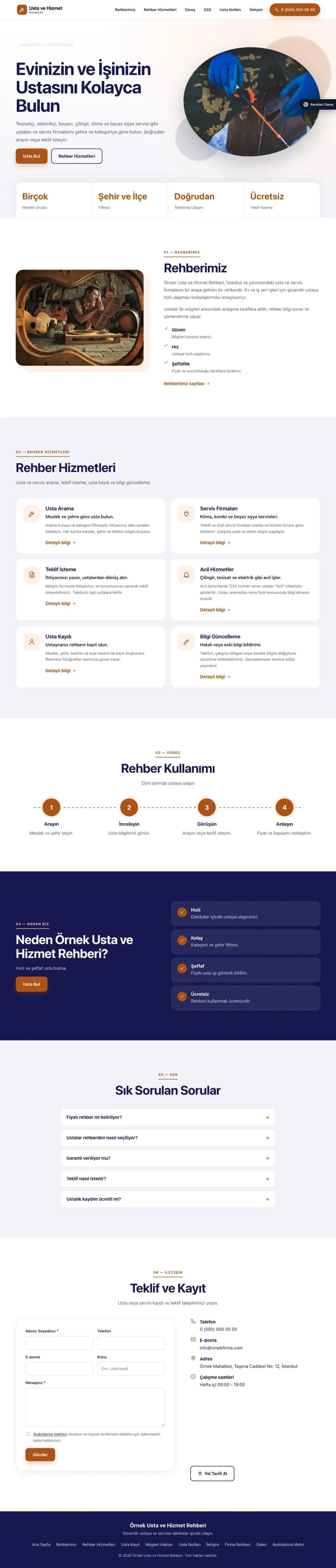 Usta ve Hizmet Rehberi için Tek Sayfa Lacivert Turuncu – Usta ve Hizmet Rehberi Web Sitesi ana sayfa görünümü