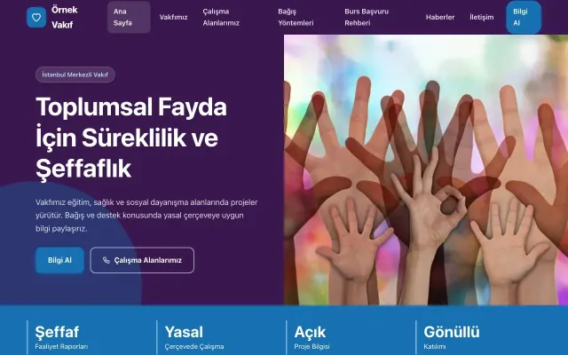 Vakıf için Blok Mor Mavi – Vakıf Web Sitesi ana sayfa görünümü