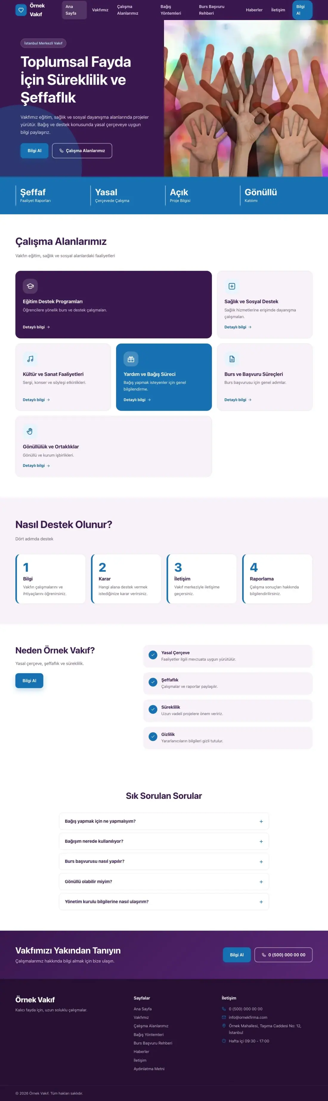 Vakıf için Blok Mor Mavi – Vakıf Web Sitesi ana sayfa görünümü