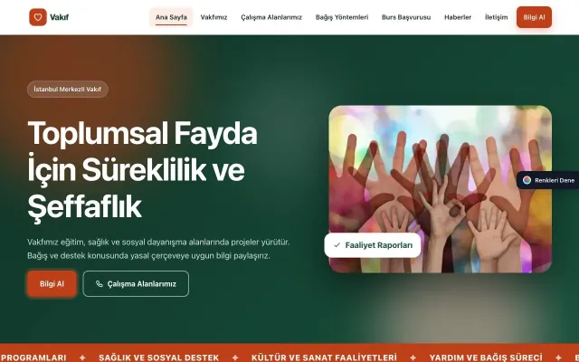 Vakıf için Hareketli Yeşil Turuncu – Vakıf Web Sitesi ana sayfa görünümü