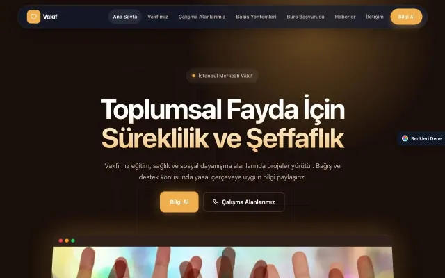 Vakıf için Koyu Modern Kahve Turuncu – Vakıf Web Sitesi ana sayfa görünümü