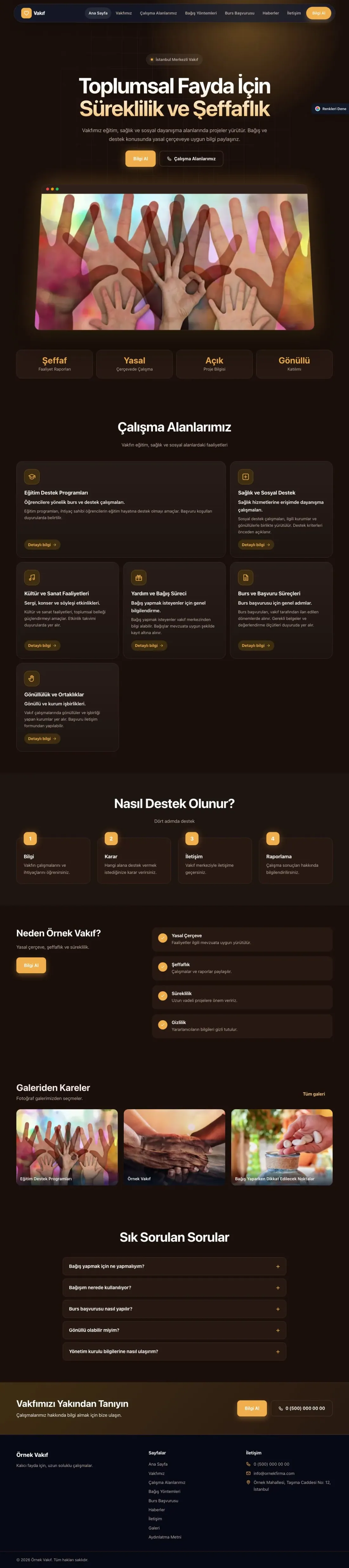 Vakıf için Koyu Modern Kahve Turuncu – Vakıf Web Sitesi ana sayfa görünümü
