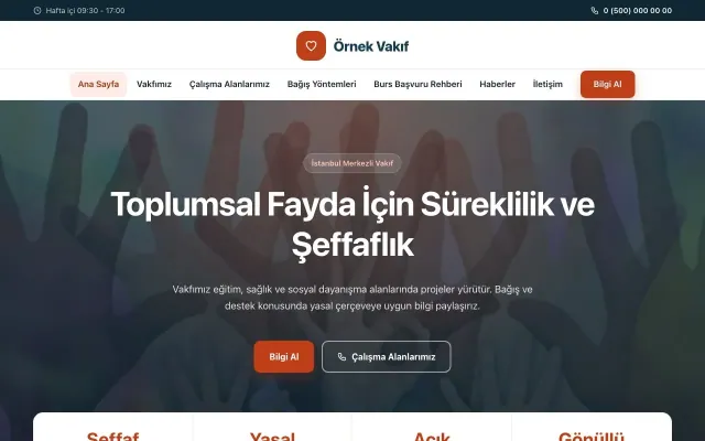 Vakıf için Merkez Mavi Turuncu – Vakıf Web Sitesi ana sayfa görünümü