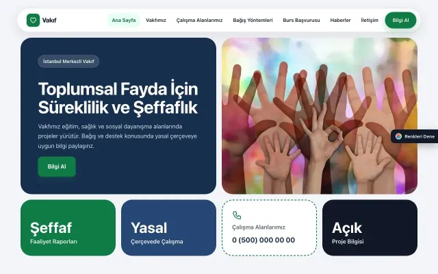 Vakıf için Mozaik Mavi Yeşil – Vakıf Web Sitesi ana sayfa görünümü