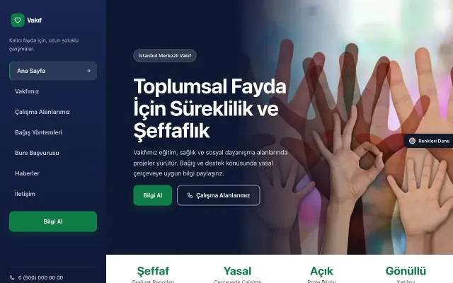 Vakıf için Sol Menü Lacivert Yeşil – Vakıf Web Sitesi ana sayfa görünümü