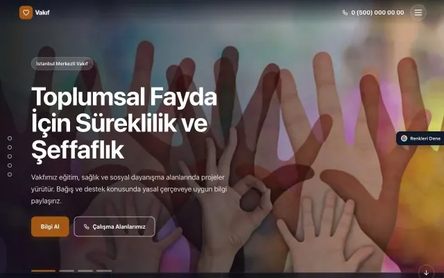 Vakıf için Tam Ekran Lacivert Turuncu – Vakıf Web Sitesi ana sayfa görünümü