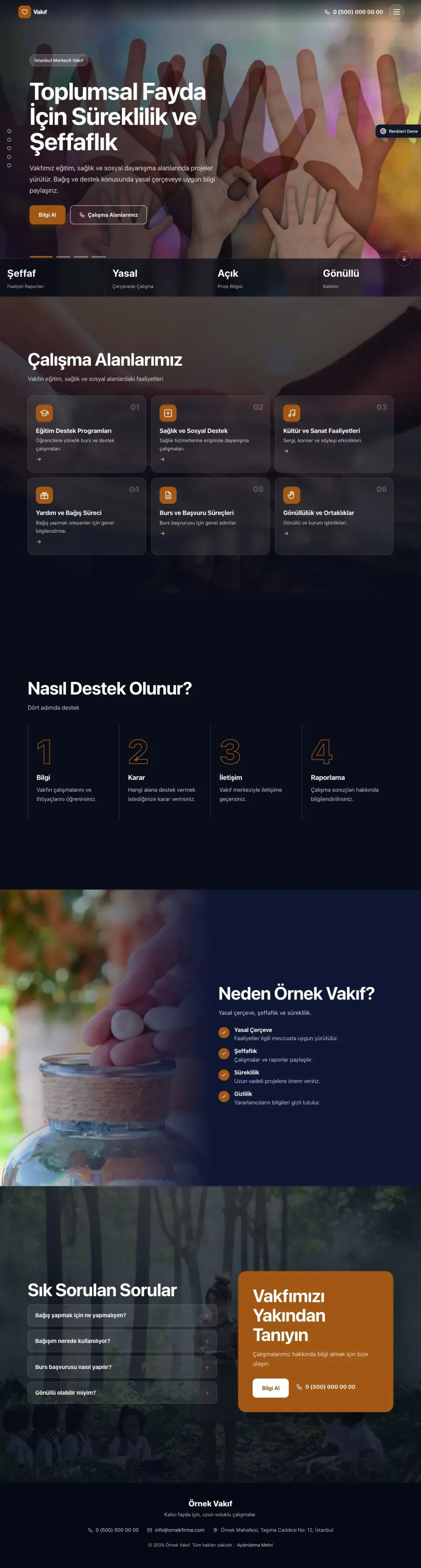 Vakıf için Tam Ekran Lacivert Turuncu – Vakıf Web Sitesi ana sayfa görünümü