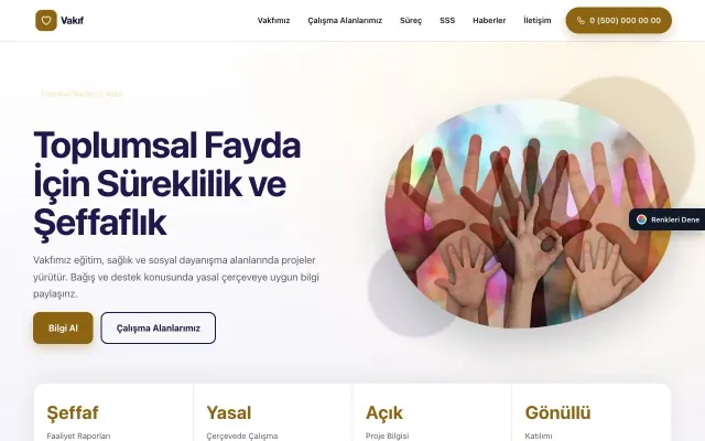 Vakıf için Tek Sayfa Lacivert Amber – Vakıf Web Sitesi ana sayfa görünümü