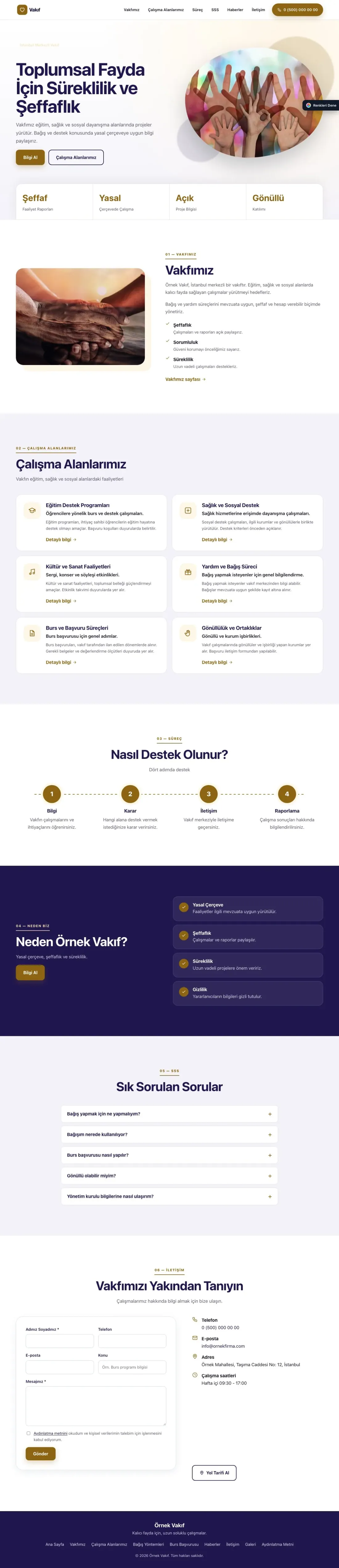 Vakıf için Tek Sayfa Lacivert Amber – Vakıf Web Sitesi ana sayfa görünümü