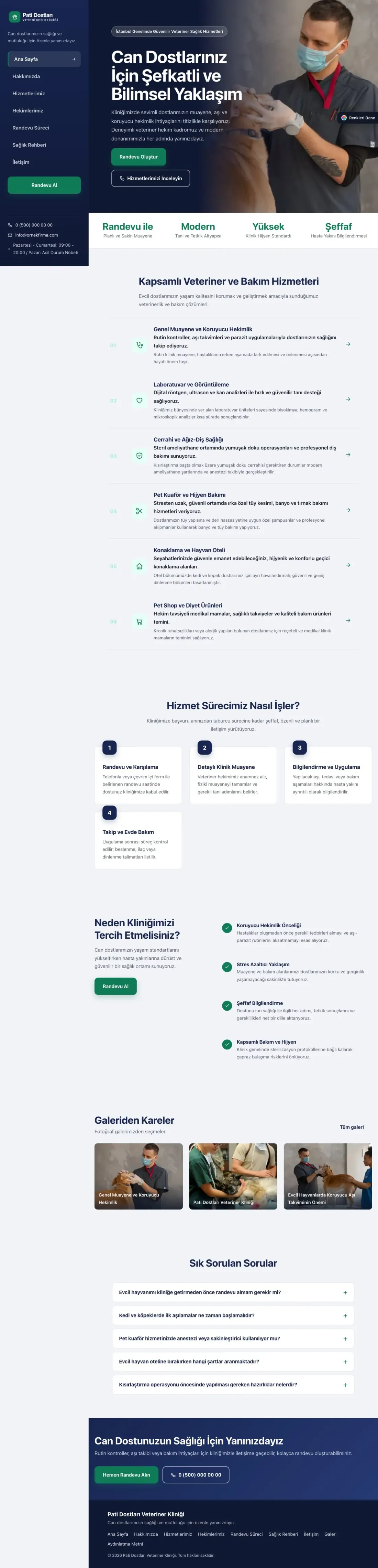 Veteriner için Sol Menü Lacivert Turkuaz – Veteriner Web Sitesi ana sayfa görünümü