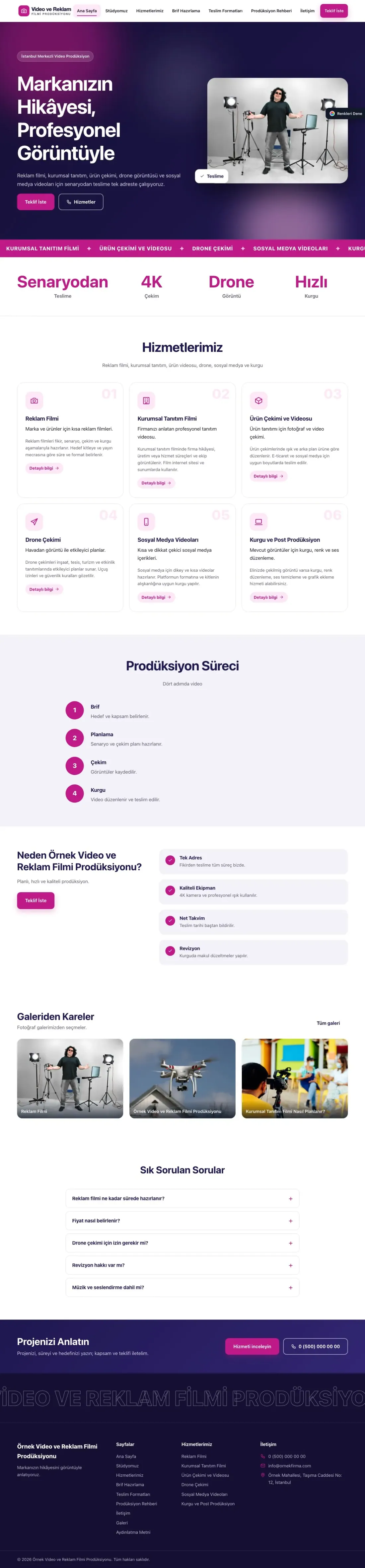Video ve Reklam Filmi Prodüksiyonu için Hareketli Lacivert Pembe – Video ve Reklam Filmi Prodüksiyonu Web Sitesi ana sayfa görünümü