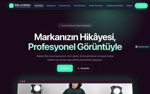 Video ve Reklam Filmi Prodüksiyonu için Koyu Modern Erik Turkuaz – Video ve Reklam Filmi Prodüksiyonu Web Sitesi ana sayfa görünümü