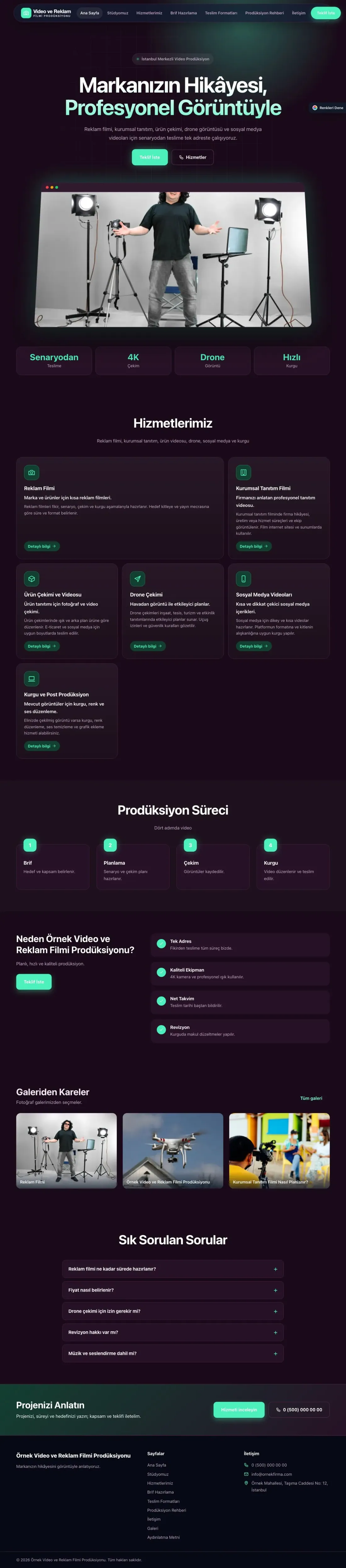 Video ve Reklam Filmi Prodüksiyonu için Koyu Modern Erik Turkuaz – Video ve Reklam Filmi Prodüksiyonu Web Sitesi ana sayfa görünümü