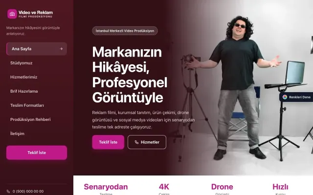 Video ve Reklam Filmi Prodüksiyonu için Sol Menü Bordo Pembe – Video ve Reklam Filmi Prodüksiyonu Web Sitesi ana sayfa görünümü
