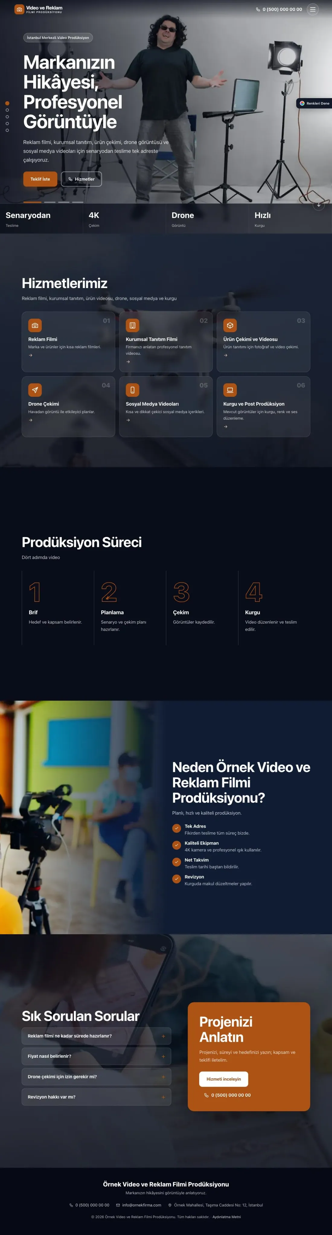 Video ve Reklam Filmi Prodüksiyonu için Tam Ekran Mavi Turuncu – Video ve Reklam Filmi Prodüksiyonu Web Sitesi ana sayfa görünümü