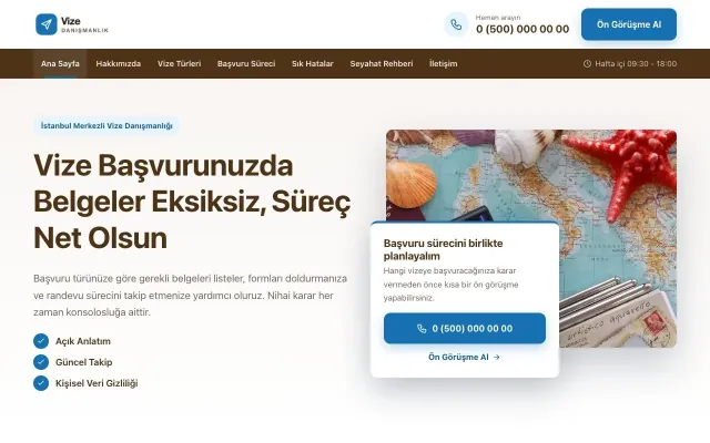 Bölünmüş Kahve Mavi – Vize Danışmanlığı Web Sitesi ana sayfa görünümü