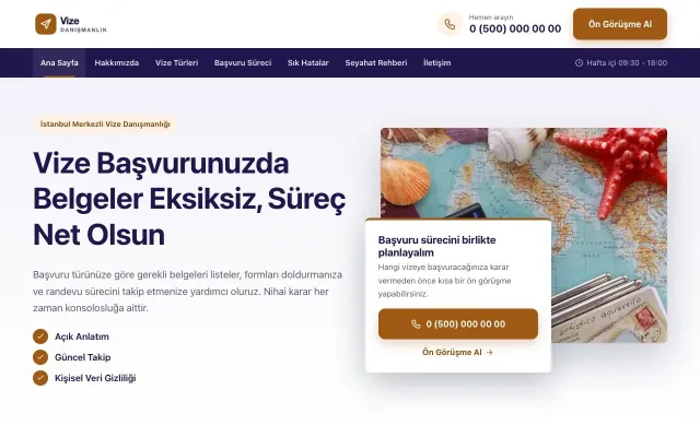 Bölünmüş Lacivert Turuncu – Vize Danışmanlığı Web Sitesi ana sayfa görünümü