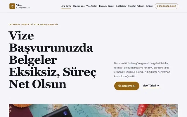 Editoryal Lacivert Turuncu – Vize Danışmanlığı Web Sitesi ana sayfa görünümü