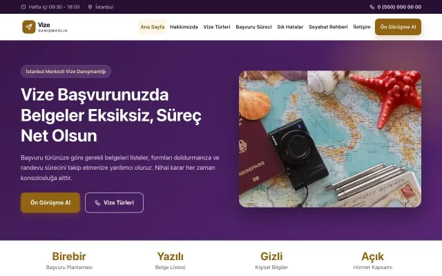 Klasik Mor Turuncu – Vize Danışmanlığı Web Sitesi ana sayfa görünümü