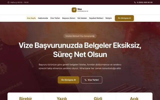 Merkez Bordo Amber – Vize Danışmanlığı Web Sitesi ana sayfa görünümü