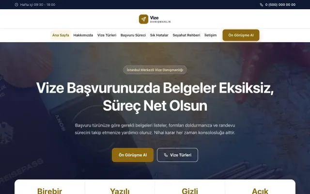 Merkez Lacivert Amber – Vize Danışmanlığı Web Sitesi ana sayfa görünümü