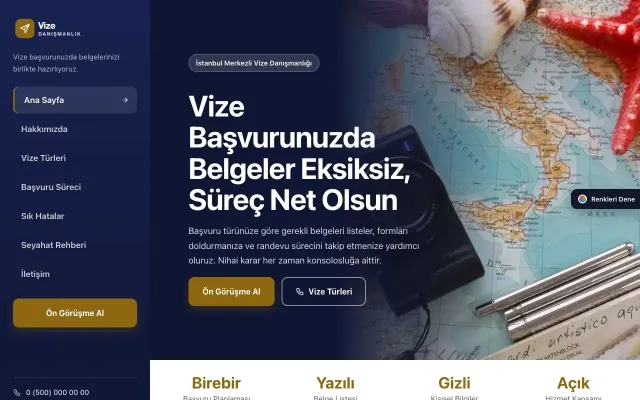 Vize Danışmanlığı için Sol Menü Lacivert Amber – Vize Danışmanlığı Web Sitesi ana sayfa görünümü