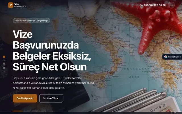 Vize Danışmanlığı için Tam Ekran Lacivert Turuncu – Vize Danışmanlığı Web Sitesi ana sayfa görünümü