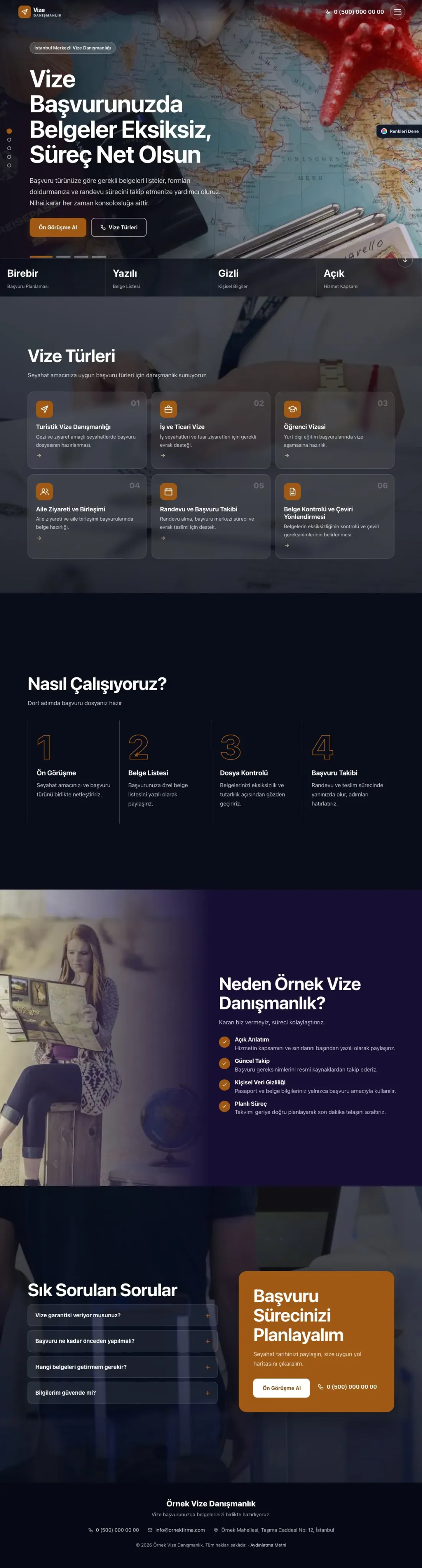 Vize Danışmanlığı için Tam Ekran Lacivert Turuncu – Vize Danışmanlığı Web Sitesi ana sayfa görünümü