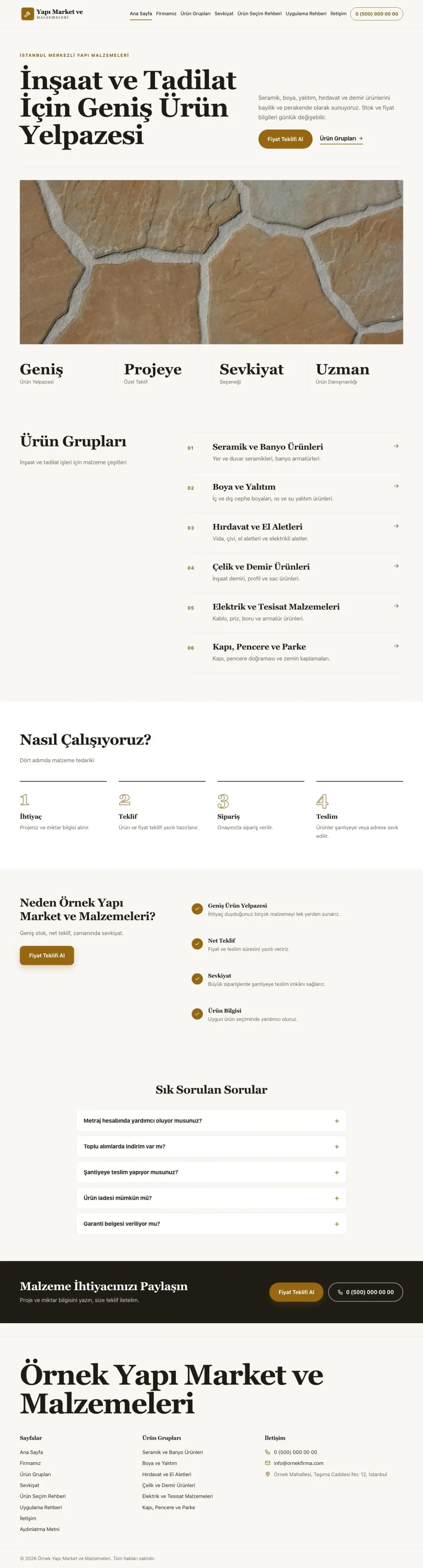 Editoryal Kahve Turuncu – Yapı Malzemeleri Web Sitesi ana sayfa görünümü
