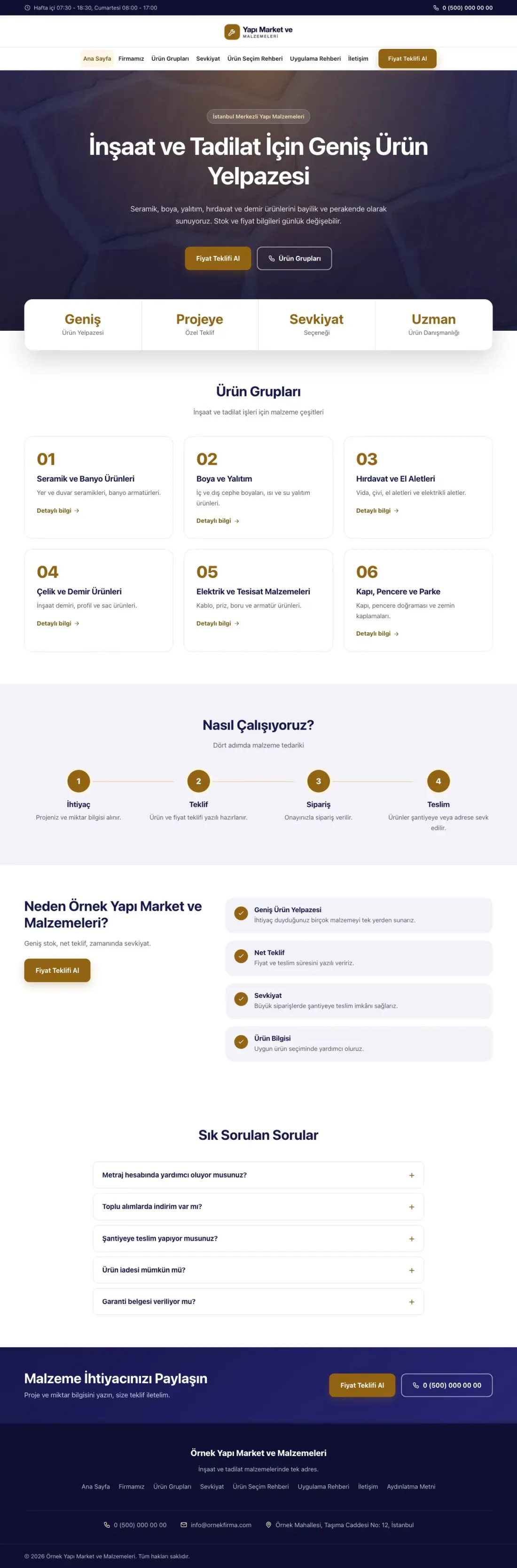 Merkez Lacivert Turuncu – Yapı Malzemeleri Web Sitesi ana sayfa görünümü