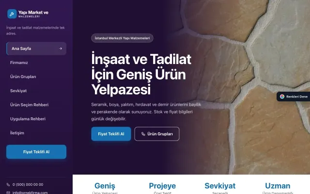 Yapı Malzemeleri için Sol Menü Mor Mavi – Yapı Malzemeleri Web Sitesi ana sayfa görünümü
